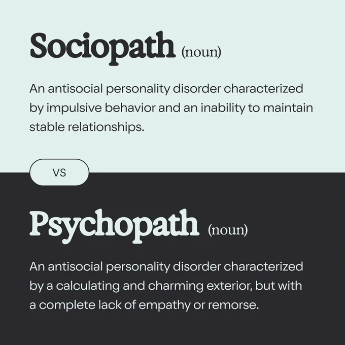Text image comparing definitions of "Sociopath" and "Psychopath." Sociopath: impulsive behavior, difficulty maintaining stable relationships. Psychopath: calculating and charming exterior, lack of empathy or remorse.