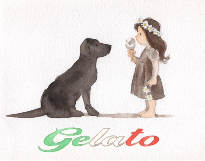 Sandra Russell art watercolour illustration of a black dog sitting looking at a young girl eating an ice cream and holding daisies. Underneath is the word “Gelato”.
