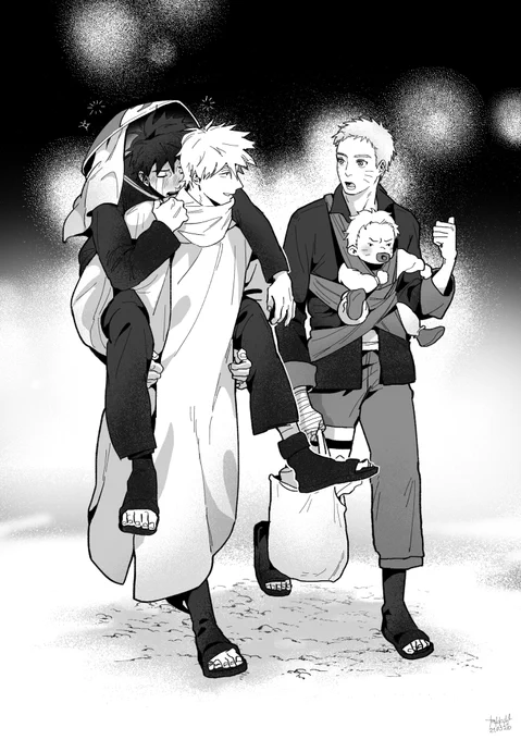 Kakashi as hokage walking side by side with Naruto. Naruto is carrying Boruto in the front. Kakashi is carrying drunk Tenzo on the back. (piggyback)