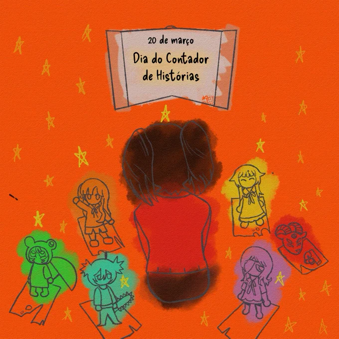 Uma arte meio aquarela em um fundo vermelho-claro com varias estrelas, com diversos personagens em miniatura em cima de folhas (a Criança de Devil's Drizzle, Fuba de Bellochia, Isaac de Chainsaw, Meg de Deep in Salem, Noel de Metahorror e  B.O.D.E. de B.O.D.E.), enquanto a Coralina olha para um livro com os dizeres "20 de março, Dia do Contador de Histórias".