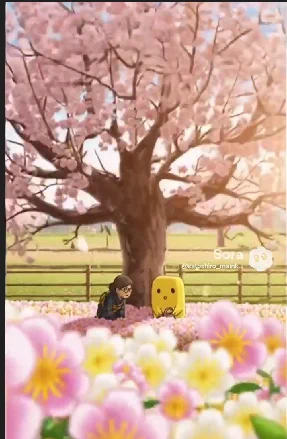 Illustration of Main-kun and Protected-san from the Java Picture Book series sitting under a blooming cherry blossom tree. Main-kun is a yellow square character with no neck, and Protected-san sits beside him while petals fall around them. A gentle spring scene representing the Java Picture Book programming story world.