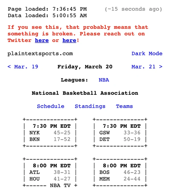 plaintextsports screenshot showing a banner at the top of the page explaining that something is broken and telling people to reach out