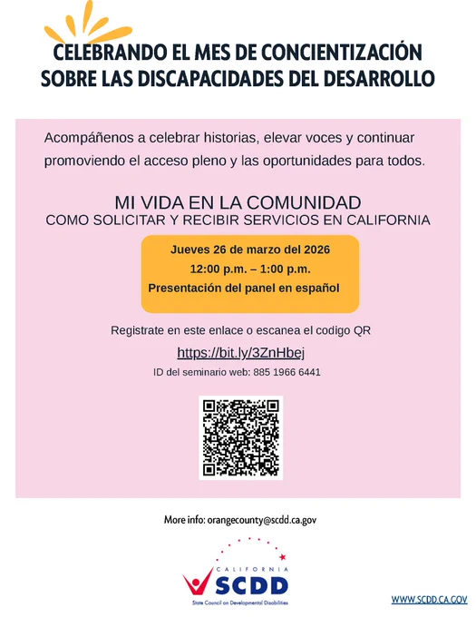 ¡Evento en español!
Mi vida en la comunidad

Aprende cómo solicitar y recibir servicios en CA.

🗓️ 26 de marzo | 12–1 p.m.
👉 https://bit.ly/3ZnHbej