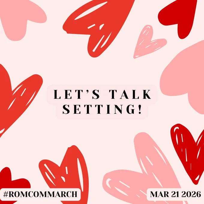 "Let’s talk setting!" in black uppercase letters. The background is pale pink with red and pink scribbled hearts.