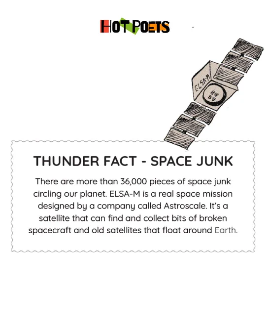 Thunder Fact:
There are more than 36,000 pieces of space junk circling our planet. ELSA-M is a real space mission designed by a company called Astroscale. It’s a satellite that can find and collect bits of broken spacecraft and old satellites that float around Earth.