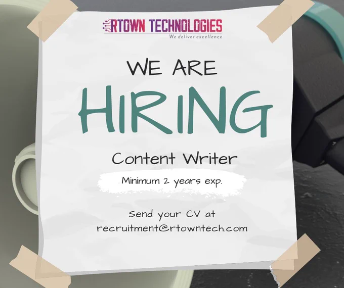 🧑‍💻 Experience: Minimum 2 Years

🛠 Skills Required:
✔ Blog & Article Writing
✔ SEO Content Writing
✔ Social Media Content
✔ Proofreading & Editing
✔ Creative Thinking

📩 Send your CV: recruitment@rtowntech.com

#RTownTechnologies #Hiring #ContentWriter #SEOContent #WritingJobs #DigitalContent #CareerOpportunity ✍️🚀
