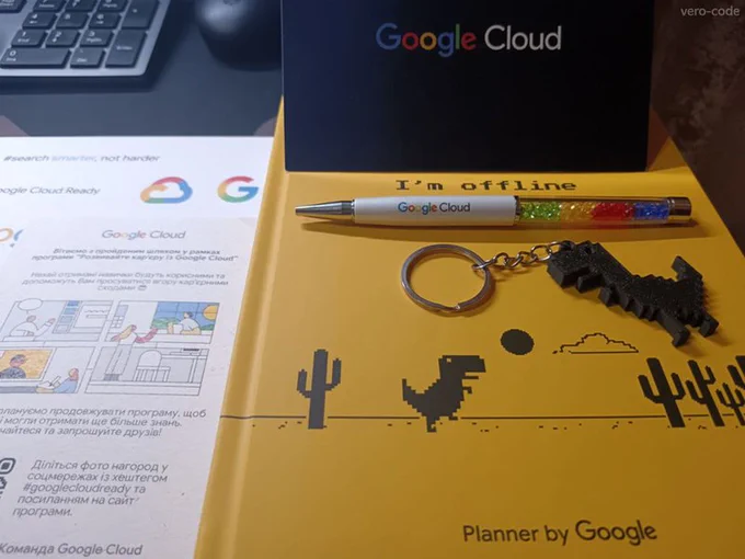 Google Cloud learning materials, offline work planner, and a pen marked "I'm offline" — visual reminder of shipping under constraints.
