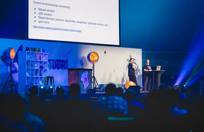 Andres Almiray and Marit van Dijk on stage at JavaLand.