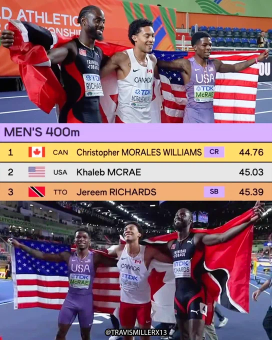 #WorldIndoorChamps men's 400m podium:

🥇44.76🇨🇦Christopher Morales Williams (CR)
🥈45.03🇺🇸Khaleb McRae
🥉45.39🇹🇹Jereem Richards (SB)