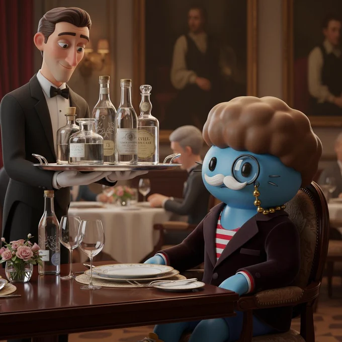 Lord Overprice, an aristocratic CGI-style cartoon cat, sits at an elegant fine-dining table in a luxurious restaurant. A formal water sommelier presents several exclusive bottles of still water on a silver tray while Lord Overprice studies them with cool, faintly disapproving billionaire indifference. The scene feels opulent, polished, and satirical.