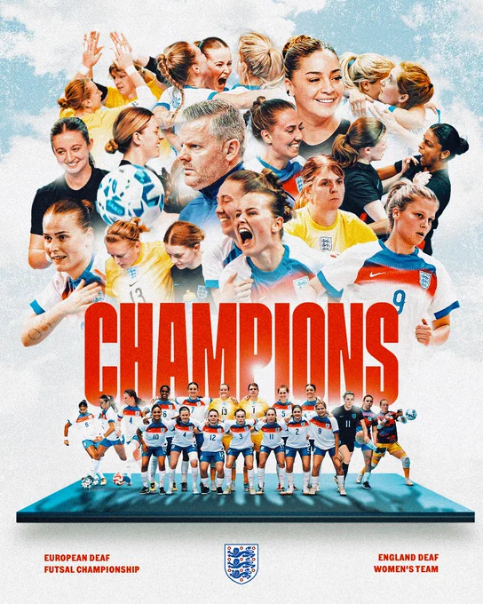 A champions graphic to celebrate England Deaf Women's team winning the European Deaf Futsal Championship