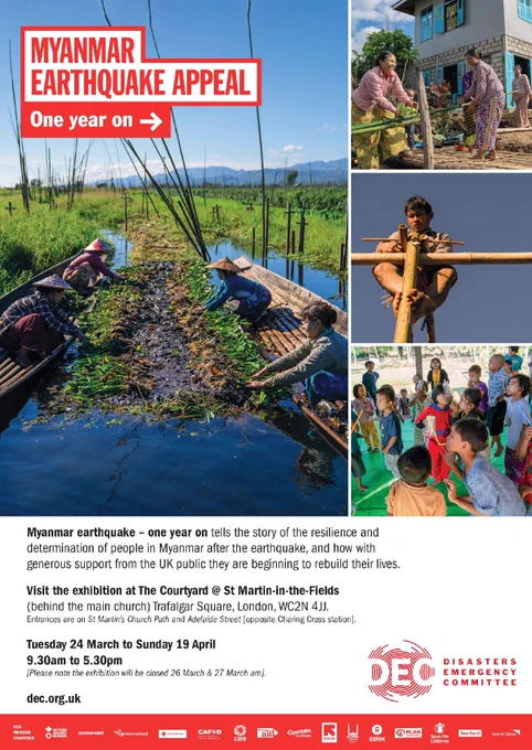 Myanmar Earthquake Appeal: One Year On exhibition poster showing communities farming on boats, children playing and communities carrying bamboo and materials.