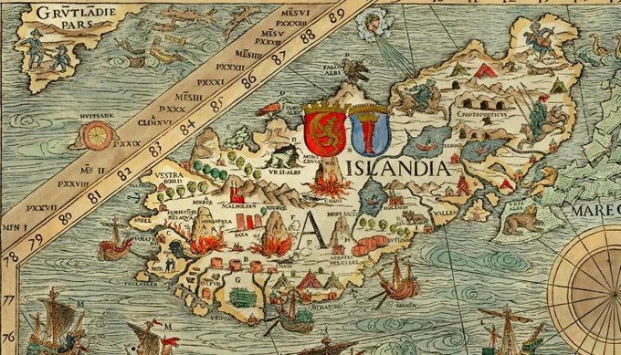 This image is a detailed section of the Carta marina, the first detailed map of the Nordic countries, created by Swedish ecclesiastic Olaus Magnus and published in 1539. The map depicts the geography of Scandinavia, Iceland, and the surrounding seas, populated with figures from Scandinavian history and folklore. It is known for its intricate illustrations of maritime monsters, ships, and daily life in the 16th century. Public Domain