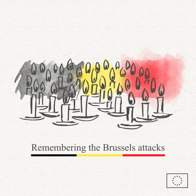 The image is a watercolour-style drawing of 35 lit candles with the colours of the Belgian flag in the background (black on the left, yellow in the middle, and red on the right). Below the candles, there is a phrase that reads ‘Remembering the Brussels attacks’ with a horizontal bar underneath in black, yellow, and red, representing the Belgian flag. In the bottom right corner, there is a logo of the European Union flag. 