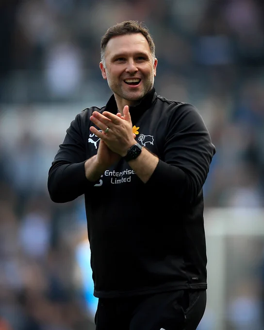 John Eustace applauds the Rams fans after Derby County's 1-0 win over Birmingham City at Pride Park Stadium.