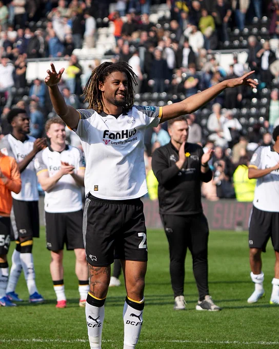 Dion Sanderson celebrates Derby County's 1-0 win over Birmingham City at Pride Park Stadium.