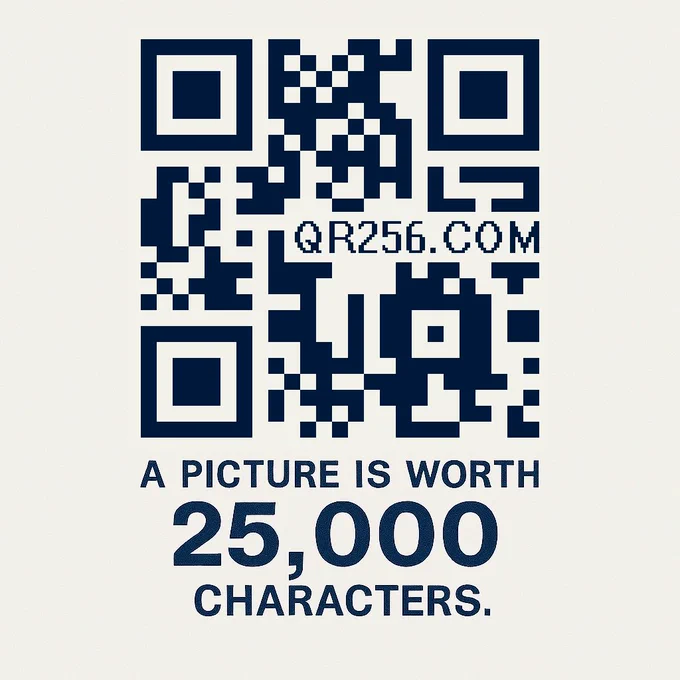A stylized QR code centered on a light background with the caption “A picture is worth 25,000 characters.” playing on the idea that this single QR image can resolve far more content than a traditional QR code. “QR256.COM” placed inside the QR block area.