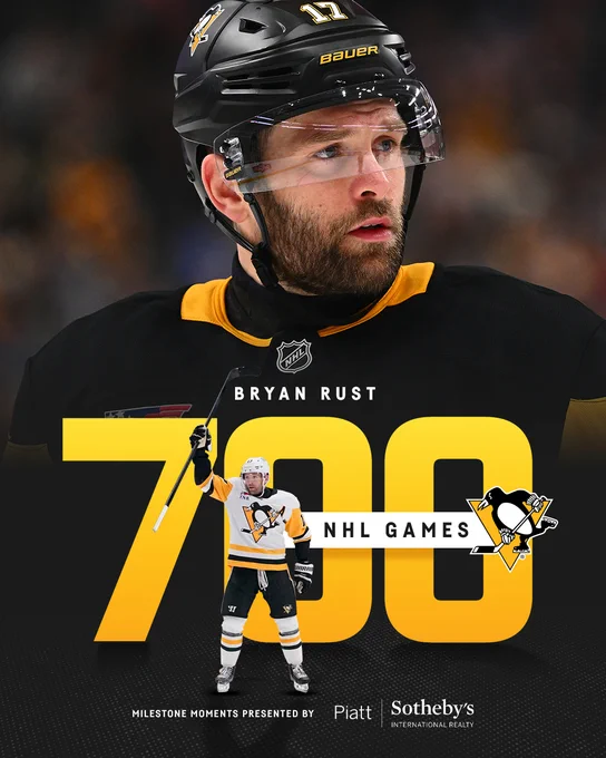 Graphic with photos of Bryan Rust that shows he played in 700 NHL games.