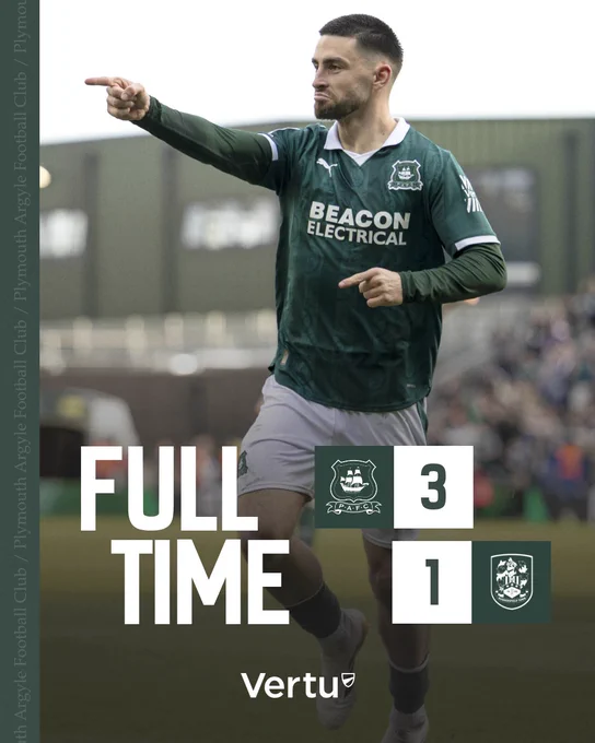A graphic showing the full-time score, 3-1 to Argyle.