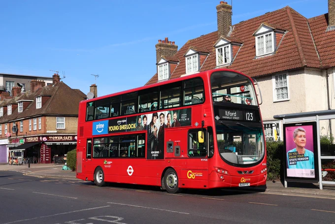 Go Ahead London WVN26 (BG59FXC) is a red Volvo B9TL Wright Gemini 2 and is pictured at The Roundway as it heads to Ilford, Hainault Street on route 123.