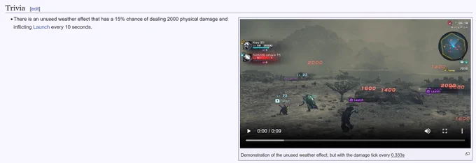 A screenshot of the "Weather (XCX)" Xeno Series Wiki page, under Trivia. The trivia says "There is an unused weather effect that has a 15% chance of dealing 2000 physical damage and inflicting Launch every 10 seconds.". An accompanying video is provided: "Demonstration of the unused weather effect, but with the damage tick every 0.333s".