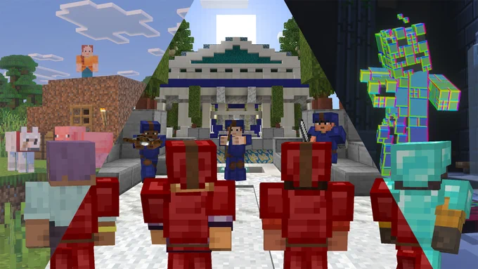 Image of a group of 4 players in Minecraft traversing through different worlds together via parties