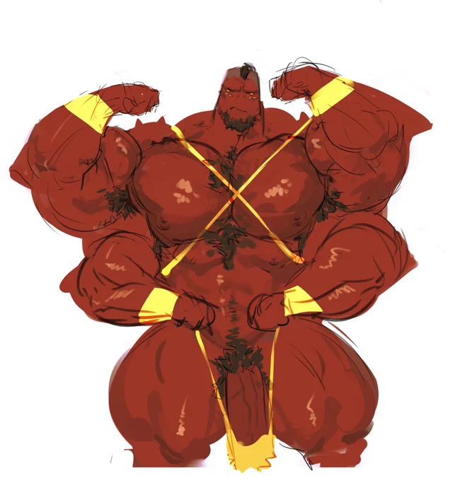 Ben alien four arms stands and flexes in thong. his dick is straining thongs to limit