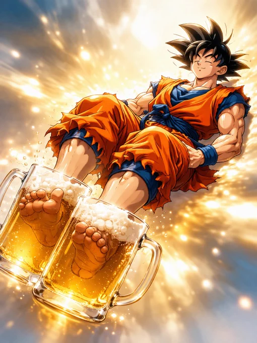 a shonen dragonball style anime muscular guy closing his eyes and lying down while floating in the air? The environment around him is kind of fading out into a blurry glow And his feet are inside giant beer mugs