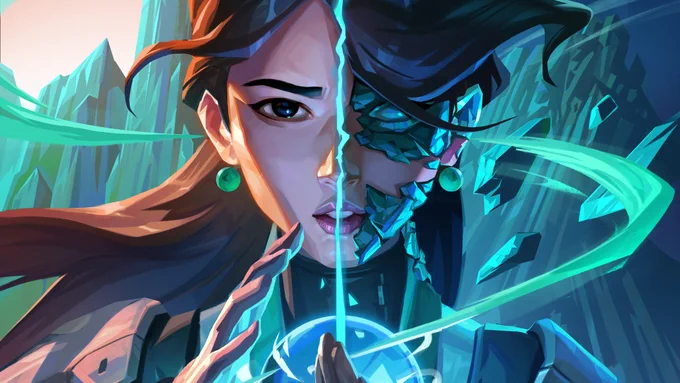 Sage: A split-screen image of Sage can be seen with one half featuring a Sunset background and teal crystals and the other a dark blue background with teal crystals. The full image features Sage with one of her healing orbs in her hands. On the left side, you see an unaltered Sage with a serious expression on her face. On the right, a fractured, crystallized version of her face and hands. 
