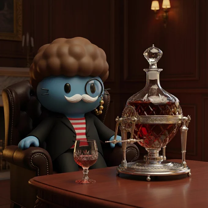 Lord Overprice, an aristocratic CGI cartoon cat, sits in a lavish old-money after-dinner salon while two white-gloved attendants present an oversized crystal decanter mounted in an ornate silver serving apparatus. He watches with calm, bored billionaire approval as the ritual unfolds in warm lamplight.