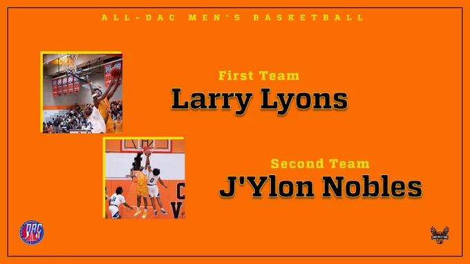 Dallas College Cedar Valley men's basketball's Larry Lyons (top left, shooting a layup over a defender) and J'Ylon Nobles (bottom center, extending his arm up under a ball, contesting a defender at the rim) were voted to the All-Dallas Athletic Conference First and Second Teams, respectively. 