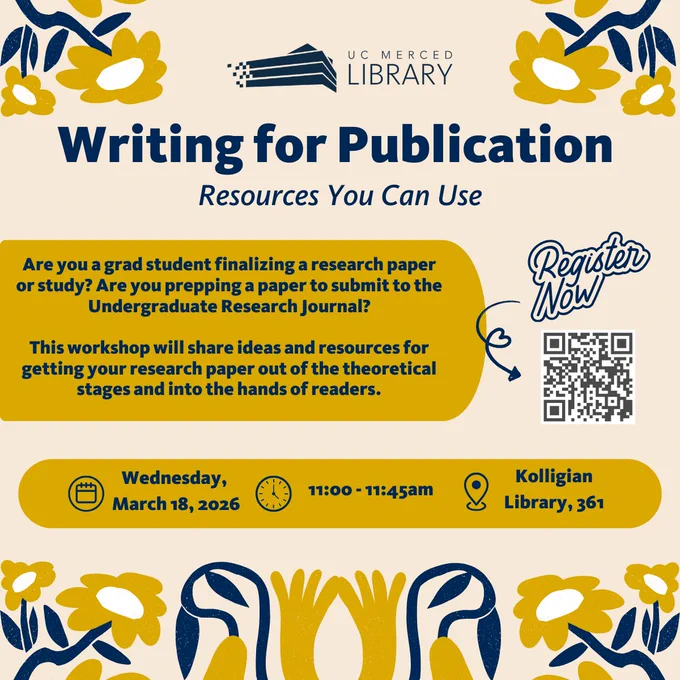 Writing for Publication: Resources You Can Use! Are you a grad student finalizing a research paper or study? Are you prepping a paper to submit to the Undergraduate Research Journal?

This workshop will share ideas and resources for getting your research paper out of the theoretical stages and into the hands of readers.