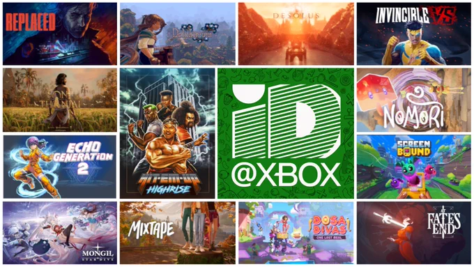 A collage of game key art tiles arranged around a central green ID@Xbox logo. Featured games include At Fate’s End, Mongil: Star Dive, Invincible VS, Delphinium, Echo Generation 2, Screenbound, Son of Thanjai, Nomori, Desolus, Replaced, Dosa Divas, Hit‑Em‑Up Highrise, and The MixTape. (Alt generated by Microsoft Copilot and reviewed for accuracy)