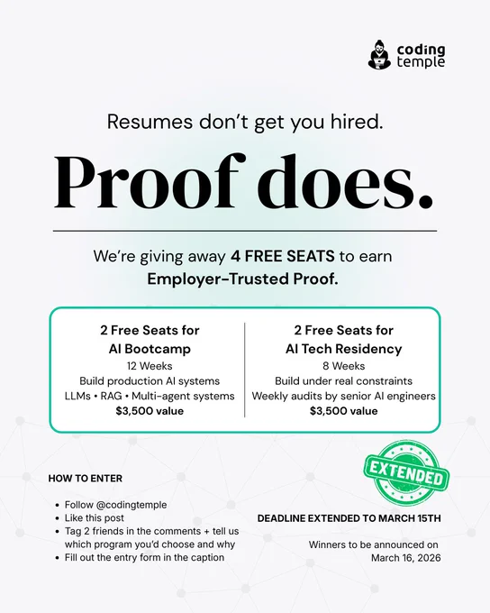 This is a promotional image for Coding Temple's giveaway. It announces the opportunity to win four free seats for programs to earn "Employer-Trusted Proof." Two options are available: AI Bootcamp for 12 weeks and AI Tech Residency for 8 weeks, each with specific project focuses and estimated values. Instructions on how to enter include following Coding Temple, liking the post, and tagging friends. The deadline, extended to March 15th, is noted, with winners to be announced on March 16, 2026.