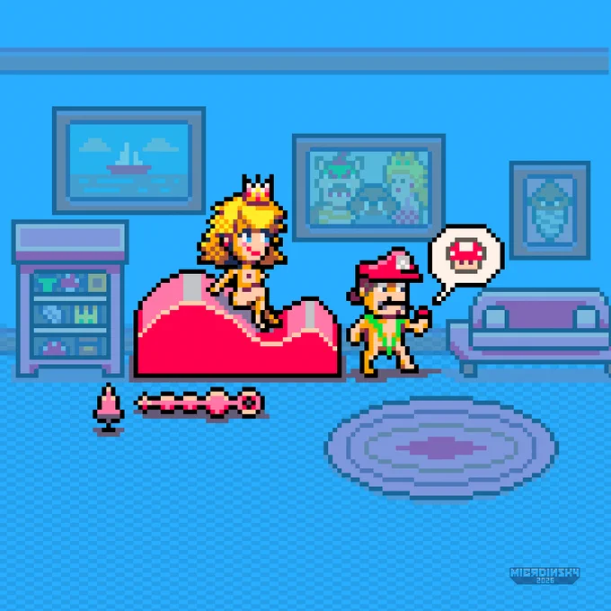 Ilustración en pixel art sobre fondo azul. Princess Peach está sentada sobre una cama rosada con una corona en la cabeza. A su lado está Mario de pie, mirando hacia ella. Mario tiene un globo de pensamiento con el Super Mushroom. Junto a la cama hay una vela encendida y en el suelo hay una pequeña varita. El estilo es retro, con píxeles grandes y colores brillantes inspirados en los videojuegos clásicos de Super Mario Bros.