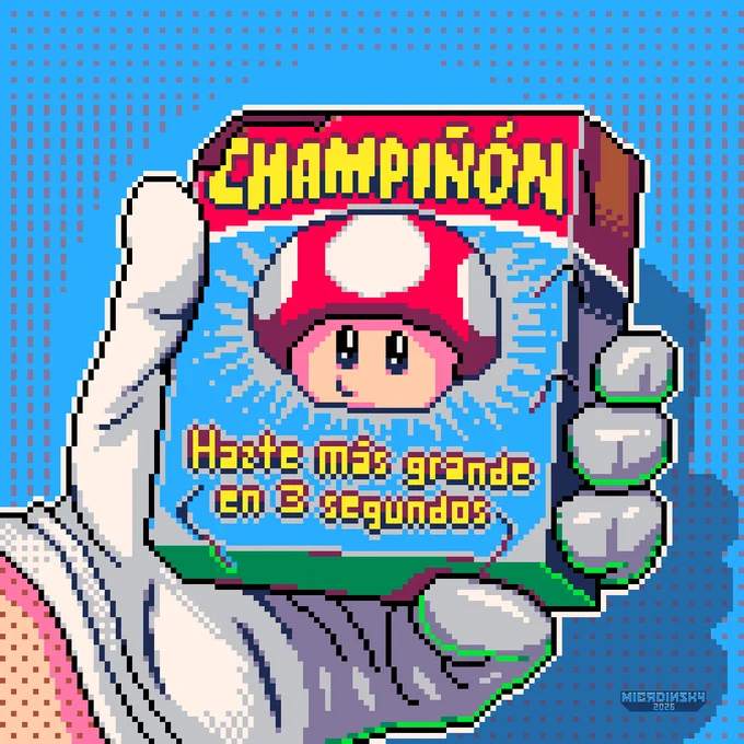 Ilustración en pixel art de una mano con guante blanco sosteniendo una caja azul. En la caja aparece el personaje Super Mushroom en el centro y en la parte superior el nombre “Champiñón” con letras grandes amarillas sobre fondo rojo. Debajo se lee el eslogan “Hazte más grande en 3 segundos”. El estilo es retro, con píxeles visibles y colores brillantes inspirados en el universo de Super Mario Bros.. En la esquina inferior aparece la firma “Mierdinsky 2026"