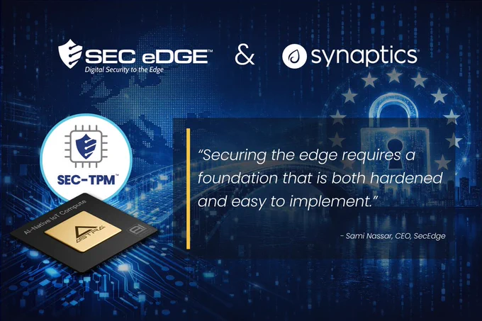 Blue digital background with SecEdge and Synaptics logos, the EU map and the EU flag stars around a digital lock symbolizing EU Cyber Resilience Act compliance, which sits across a bridge from the Synaptics Astra 2610 SoC and SEC-TPM badge logo. Quote from Sami Nassar, CEO of SecEdge says Securing the edge requires a foundation that is both hardened and easy to implement.