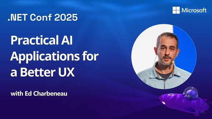 Spot art.
Photo of presenter(s)
text reads: Practical AI Applications for a Better UX 