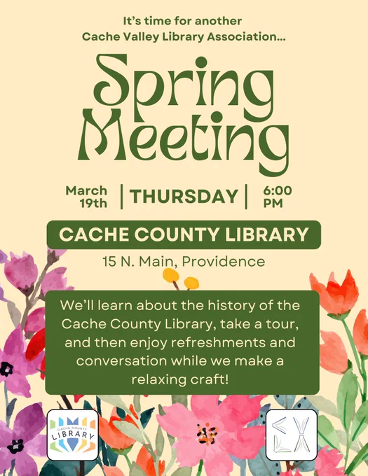 Image has information about the meeting and the logos of the Cache County Library and CVLA, all in front of what appears to be watercolour flowers.