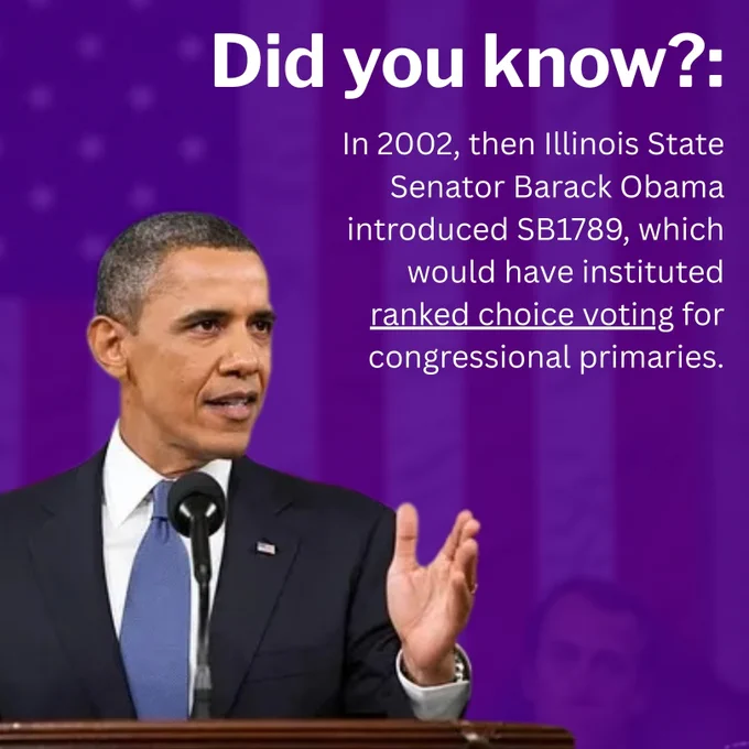 Photo of former US President Barack Obama with text that reads "Did you know?: In 2002, then Illinois State Senator Barack Obama introduced SB1789, which would have instituted ranked choice voting for congressional primaries."