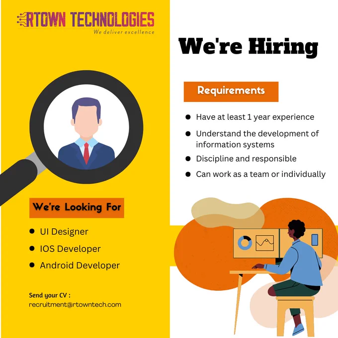 
🧑‍💻 Open Positions:
✔ UI Designer
✔ iOS Developer
✔ Android Developer

🎓 Experience: Freshers & 1  Years Welcome
🌍 Work Mode: Remote
🛠 Key Requirements:
✔ Understanding of development & information systems
✔ Strong problem-solving skills
✔ Ability to work independently and in a team
📩 Send your CV: recruitment@rtowntech.com
#RTownTechnologies #Hiring #UIDesigner #iOSDeveloper #AndroidDeveloper #FreshersJobs #RemoteJobs #TechCareers 🚀
