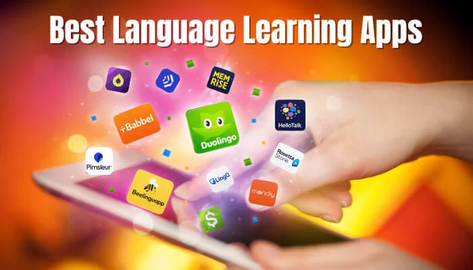 A hand holding a tablet with various language learning app icons floating around, with the text 'Best Language Learning Apps' at the top.