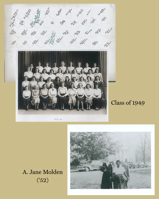 Photo of Class of 1949 with handwritten names on silhouettes above; photo of A. Jane Molden, Class of '52, and friends