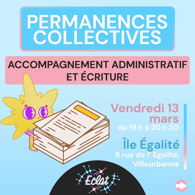Permanences collective

Accompagnement administratif et écriture

Vendredi 13 mars de 19h à 20h30 à l'Île Égalité, 6 rue de l'égalite Vailleurbanne