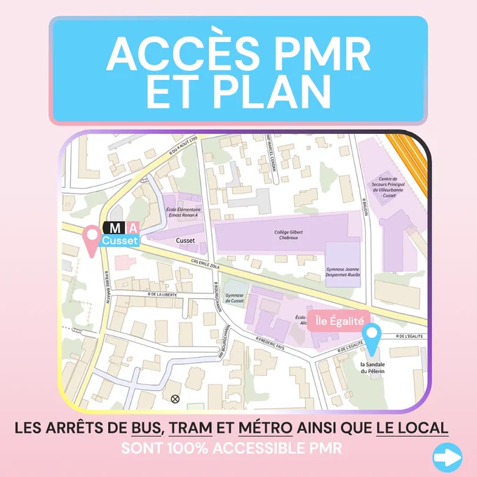 Métro A arrêt Cusset. Les bus, tram et métro ainsi que le local sont 100% accessible PMR