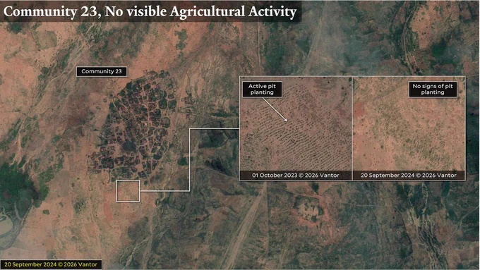 Community 23, No visible Agricultural Activity

Copyright: Satellite Imagery 01 October 2023, 20 September 2024 © 2026 Vantor. Analysis conducted by Yale HRL.

Visible overgrowth is visible at a Community 23. Satellite imagery for 01 October 2023 (Baseline) shows active pit planting. No signs of pit planting were visible in imagery from 20 September 2024.