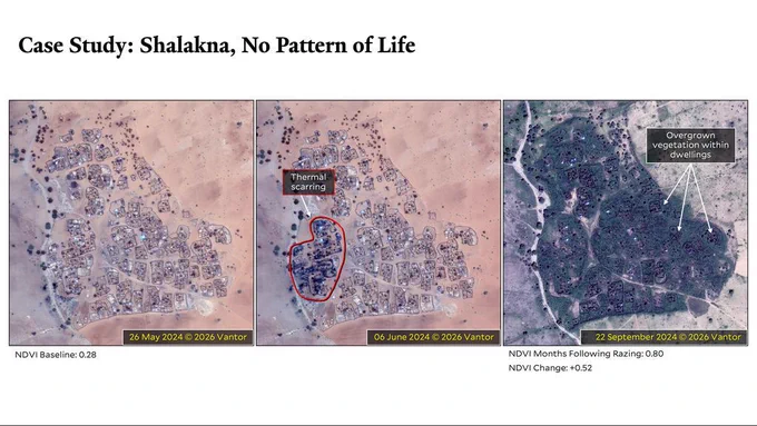 Case Study: Shalakna, No Pattern of Life
Copyright: Satellite Imagery 26 May, 6 June, 22 September 2024 © 2026 Vantor, Analysis conducted by Yale HRL
Three very high resolution satellite images show the village Shalakna, in North Darfur at three days. The baseline, from 26 May 2024 shows a rural village captured in satellite imagery. The second image, from 6 June 2024 shows a section of the community which has been intentionally burned. The third image shows the community months later on 22 September 2024 where the entire community has been overgrown with vegetation. 

The baseline NDVI was 0.28
NDVI Months Following Razing: 0.80
NDVI Change:  0.52