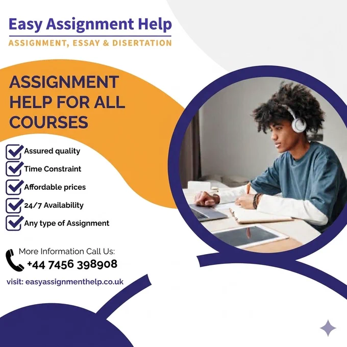 "Professional graphic for 'Easy Assignment Help' offering academic writing support for assignments, essays, and dissertations. The design features a student wearing headphones studying with a laptop in a clean blue, orange, and white color scheme. Includes contact details:  44 7456 398908 and website: easyassignmenthelp.co.uk."