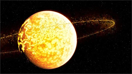 An artist impression of a young Mars after an impact that scattered debris into orbit and may have formed the two moons. 