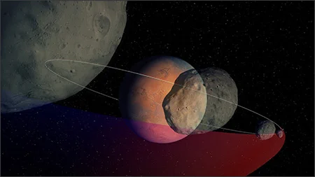 An artist impression of an asteroid approaching Mars and getting pulled into orbit to become a moon. 